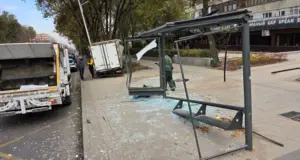 Грузовик снес остановку после столкновения с кроссовером в Алматы